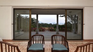 Habitación con dos sillas de madera orientadas a un amplio ventanal corredero que da a un espacio exterior con plantas en macetas y vistas a montañas.
