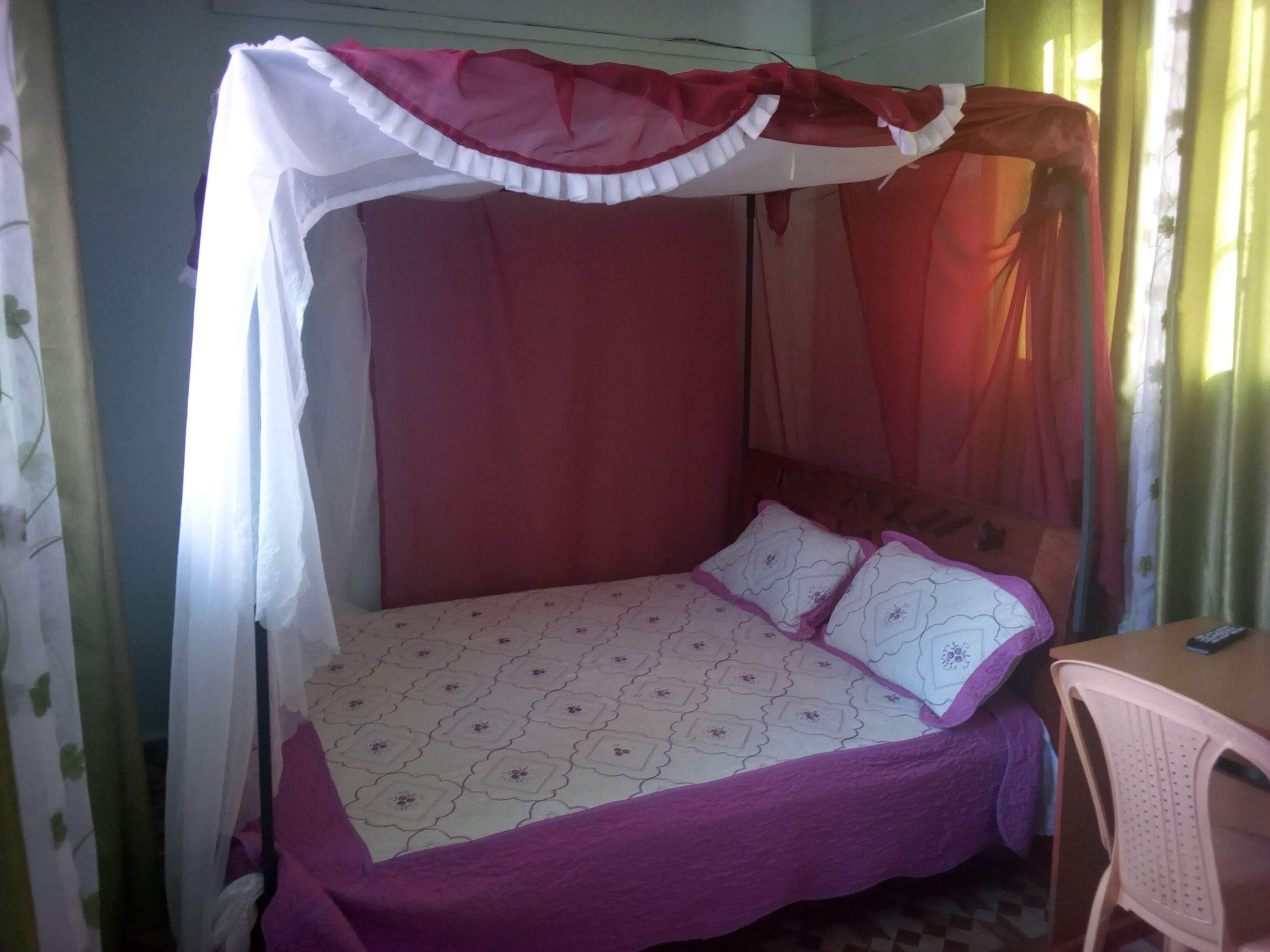 Una cama individual con dosel, una mesita de noche y una silla.