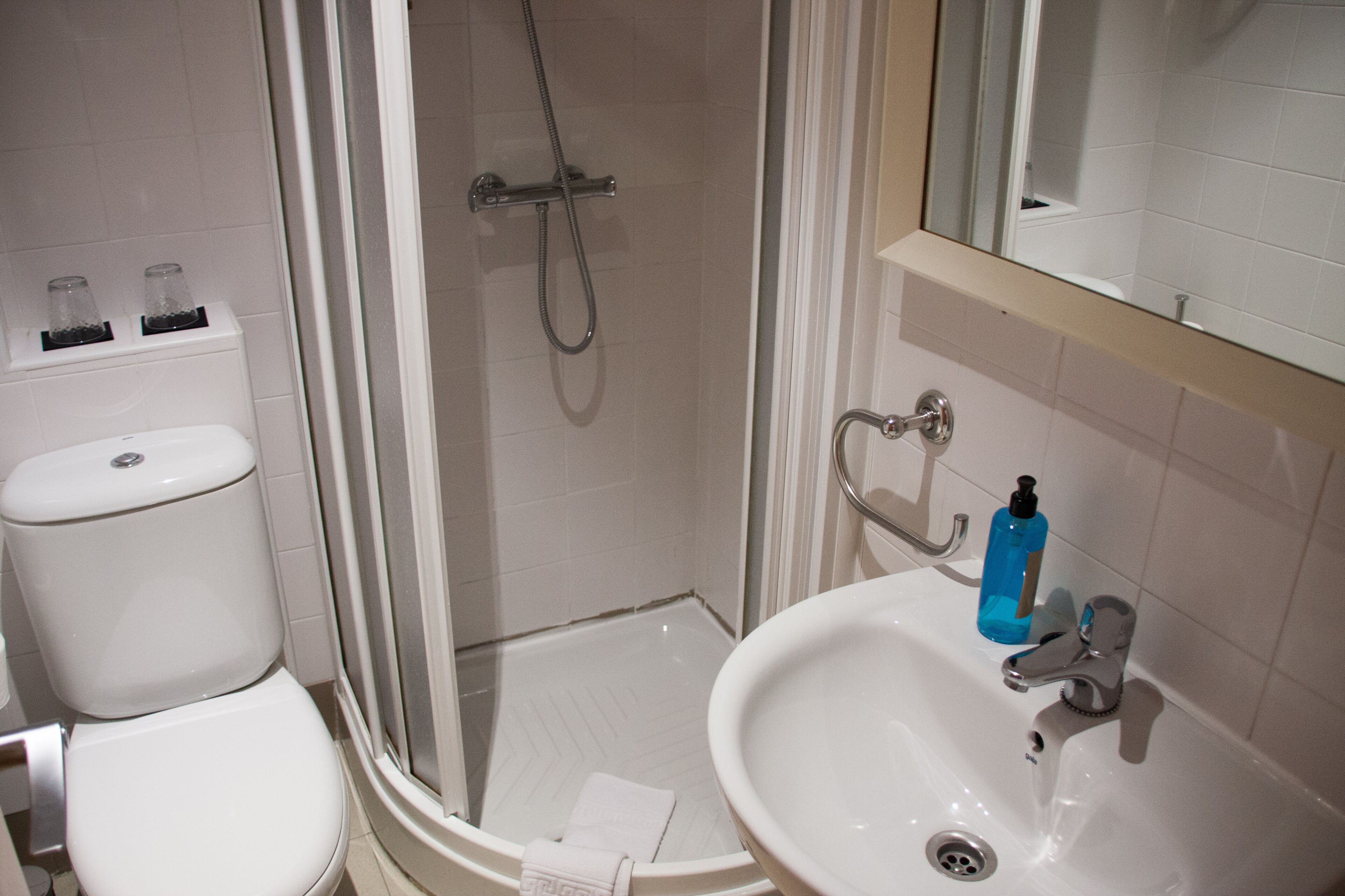 A bathroom with a shower, toilet, and sink.