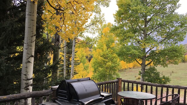 An outdoor deck with a grill, a round table, and chairs.