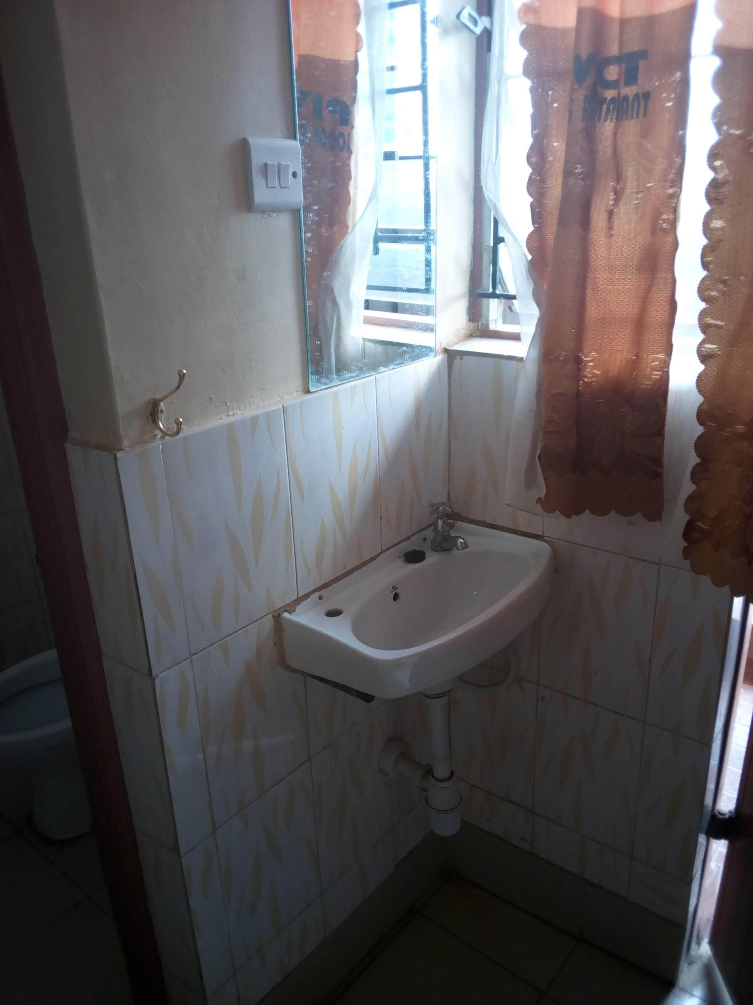 A small bathroom with a white sink, a mirror, and a window with a curtain.
