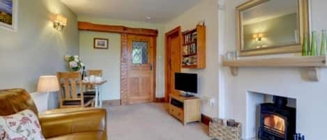 Smart TV, fireplace, DVD player, books