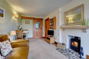 Smart-TV, peis, DVD-spiller og bøker