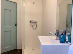 Shower, hair dryer, towels, toilet paper