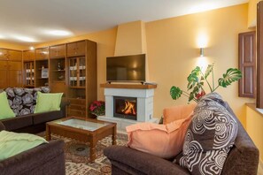 Smart TV, chimenea y libros 