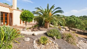 Une villa de style méditerranéen dotée d’un jardin agrémenté de palmiers, de lavande et de divers arbustes.