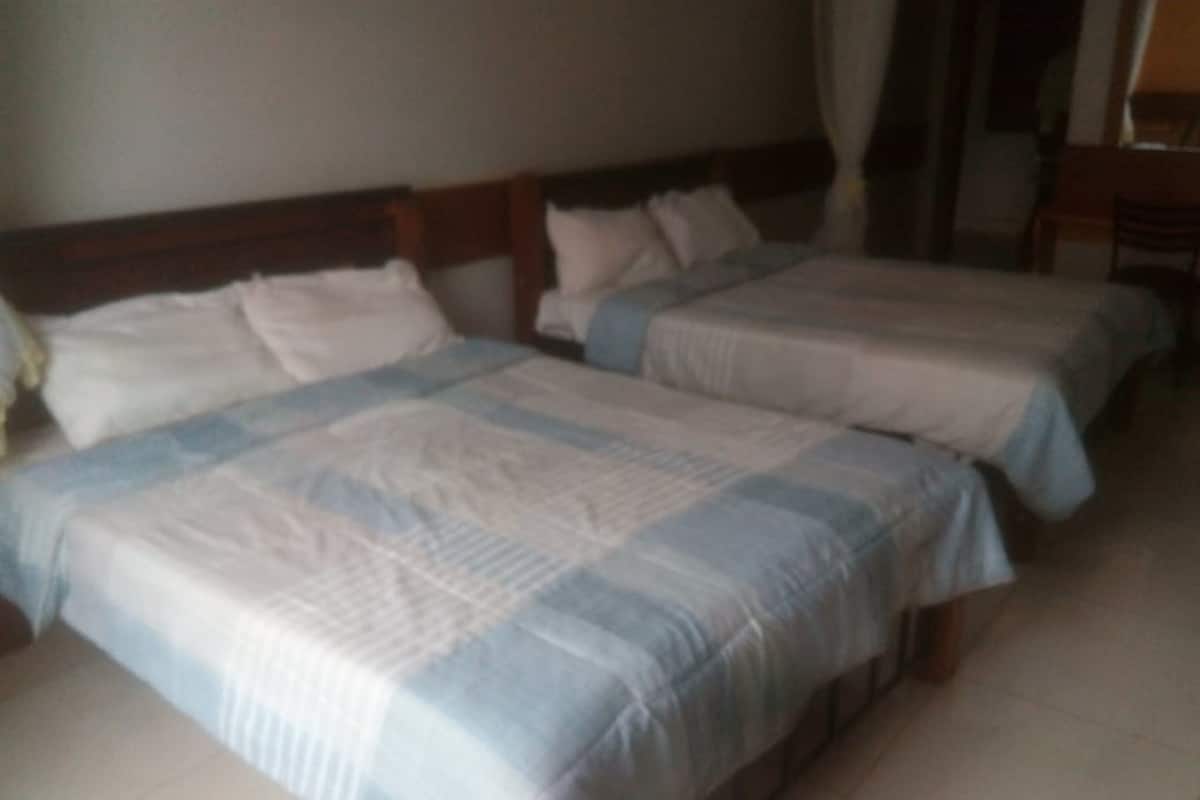 A room with two beds, each with a wooden headboard and white bedding.