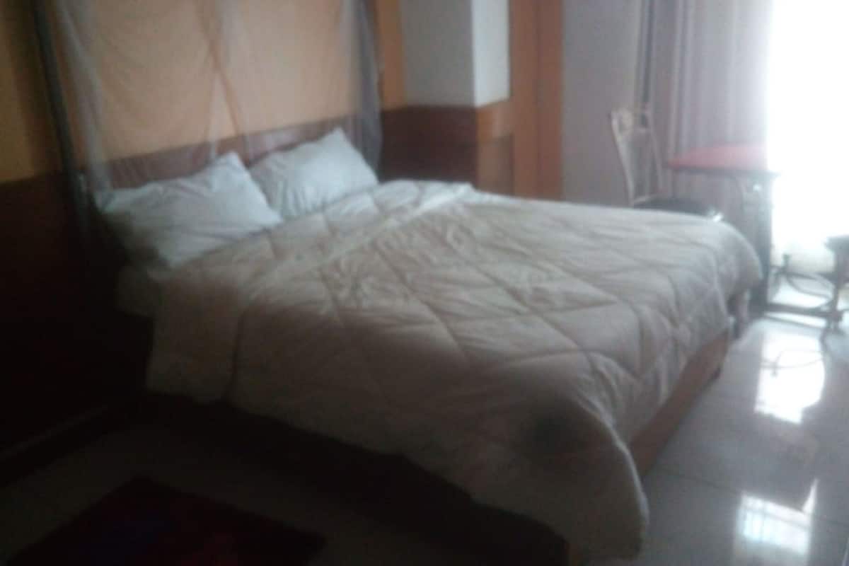 A bed with a canopy, a wooden headboard, and a bedside table with a lamp.