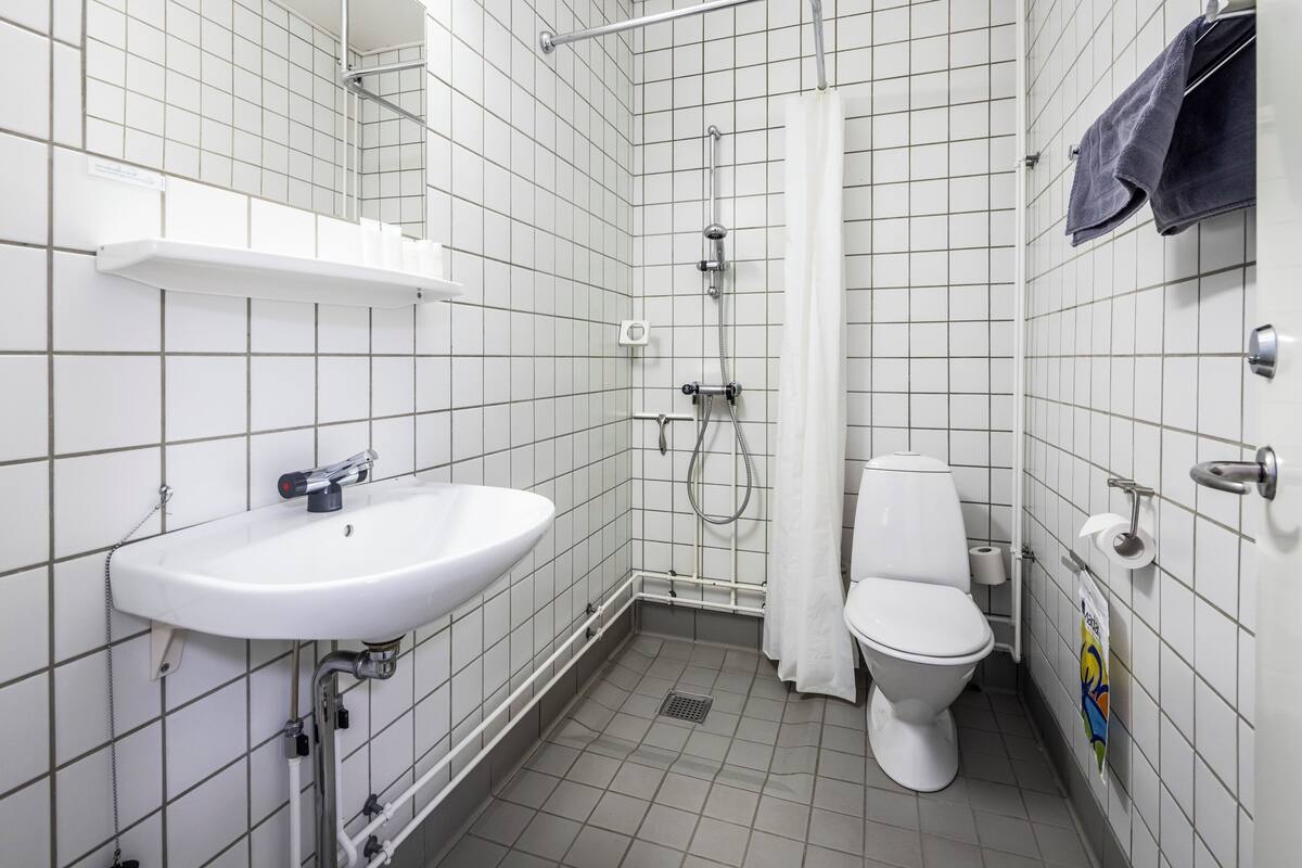 standard double or twin room | bathroom | shower, hair dryer, towels, soap