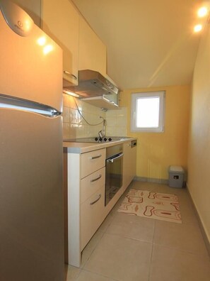 Apartamento família, 1 quarto, sacada, vista para o mar | Cozinha privada | Geladeira grande, fogão, cooktop, lava-louças