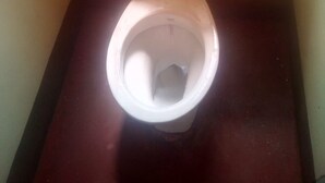 Kylpyhuoneessa on tumma lattia ja vaaleat seinät, ja siellä on wc, jonka kansi on suljettu.