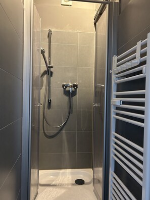 Chuveiro, secador de cabelo, toalhas de banho, sabonete