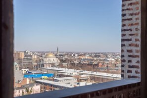 A cityscape with a prominent building featuring a dome and spire, viewed from a window with a brick wall.