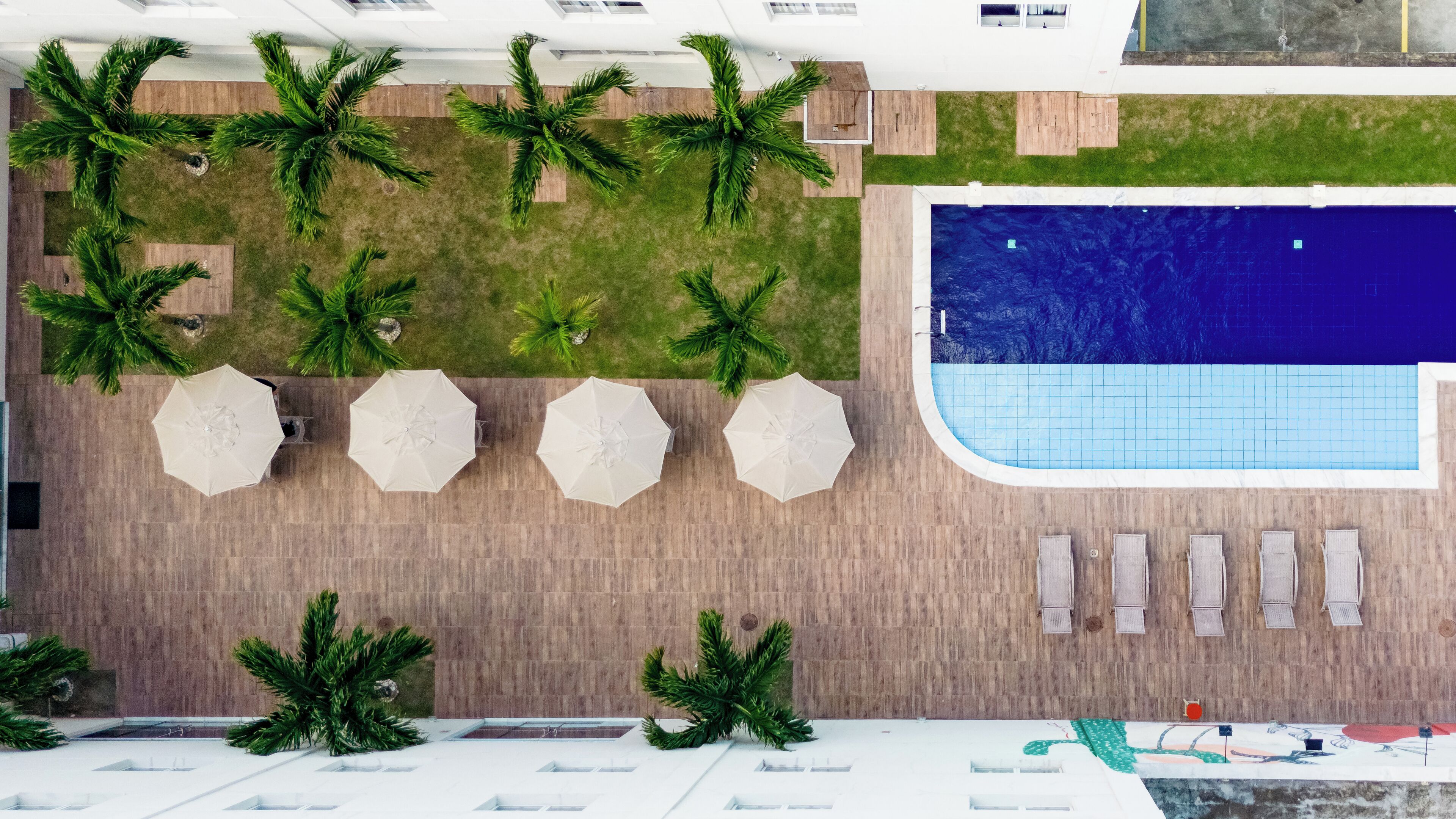 Vista aérea de una azotea de hotel con piscina, palmeras y zonas de estar al aire libre.