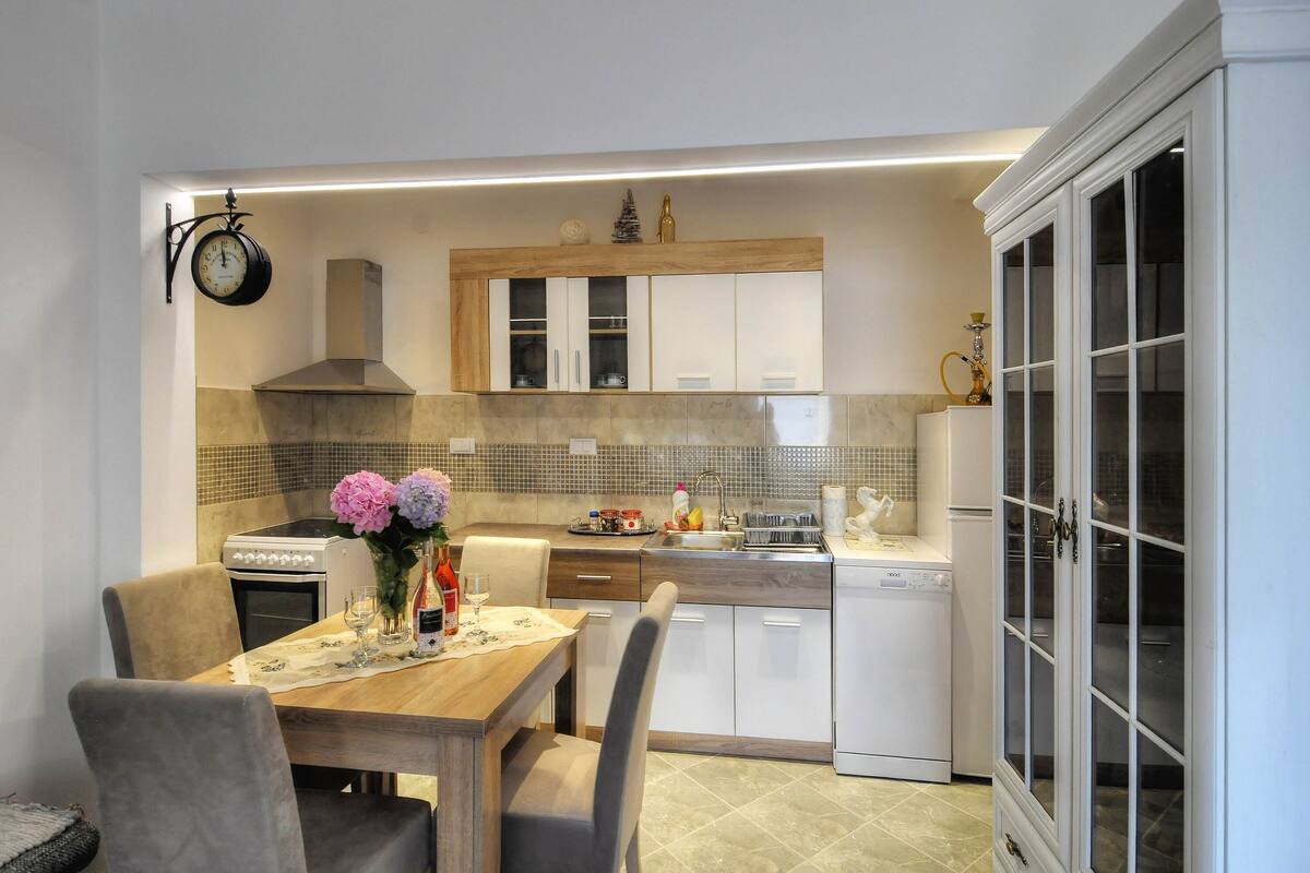 Apartamento clásico | Cocina privada | Frigorífico, horno, placa de cocina y hervidor eléctrico