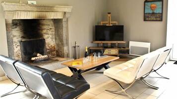 Télévision, cheminée, lecteur de DVD