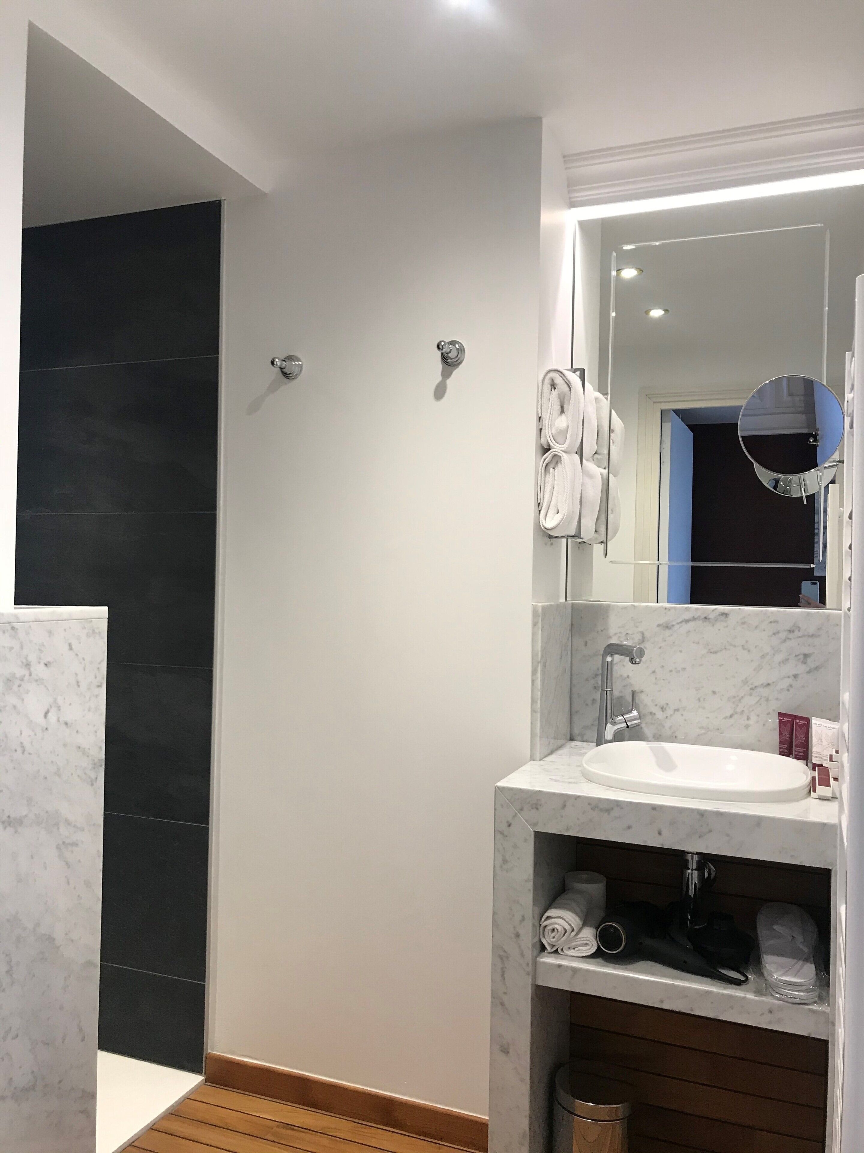 standard double room | bathroom | shower, rainfall showerhead, designer toiletries, hair dryer