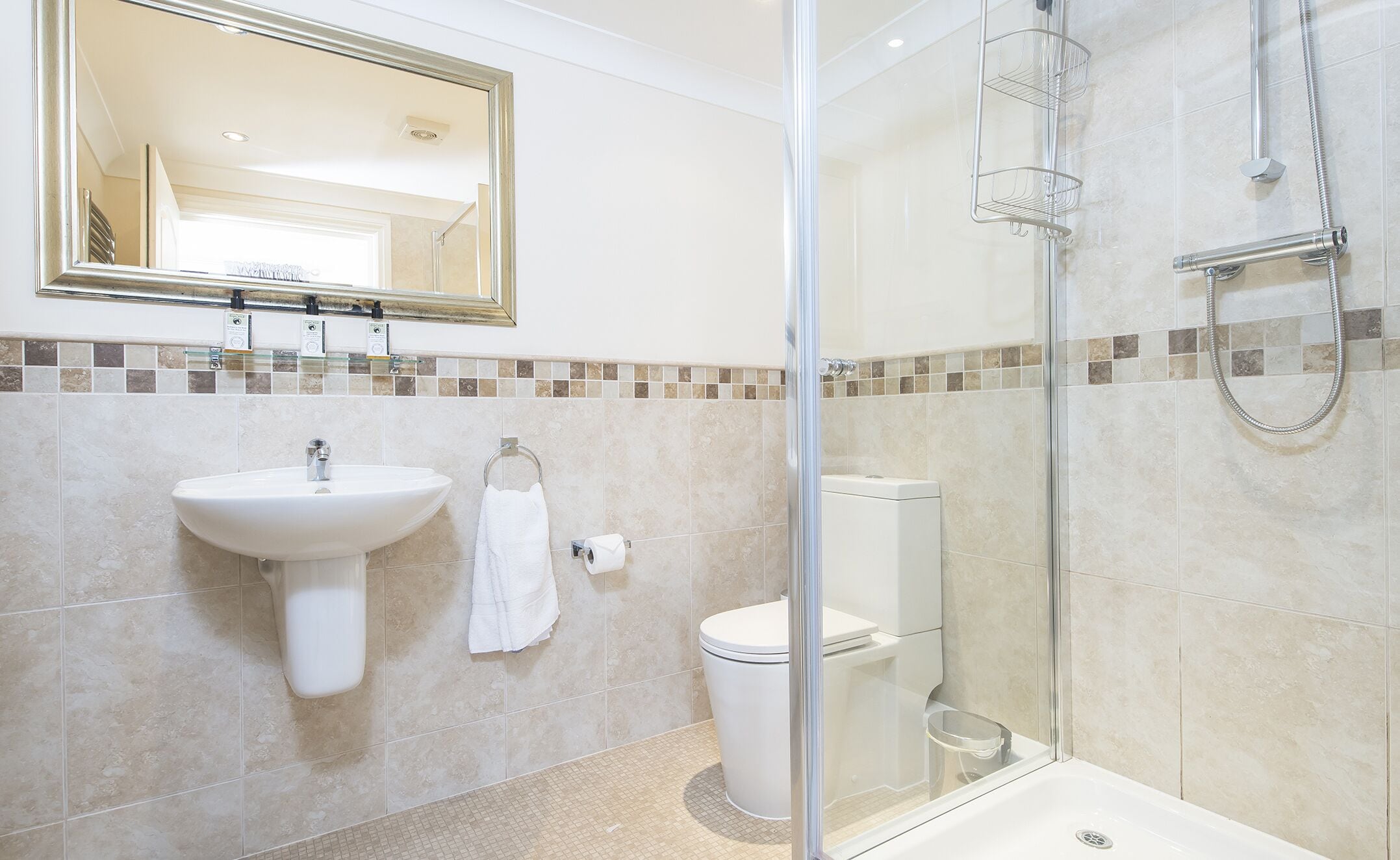 Un bagno con lavandino, WC e cabina doccia in vetro.