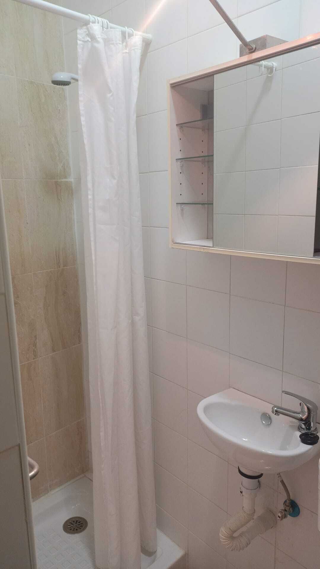 Une salle de bain avec une douche, un lavabo et un miroir.