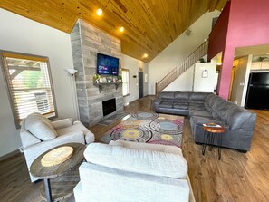 Smart TV, fireplace, foosball
