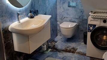 Shower, hair dryer, towels, soap