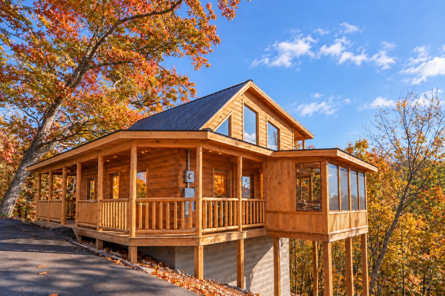 A wooden cabin with a balcony, large windows, and a view of autumn foliage.