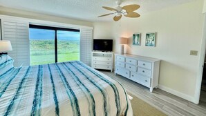 A bedroom with a bed, a ceiling fan, a TV, a dresser, and a view of the outdoors.
