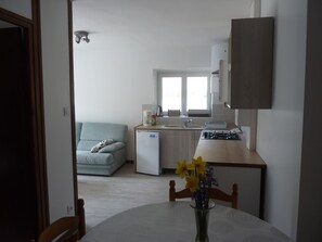 A compact living space with a kitchenette, a dining area with a table and chairs, and a light blue sofa.