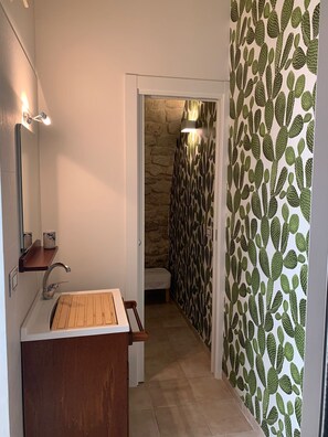 Un baño con tocador de madera, espejo y ducha con un diseño de cactus en la pared.