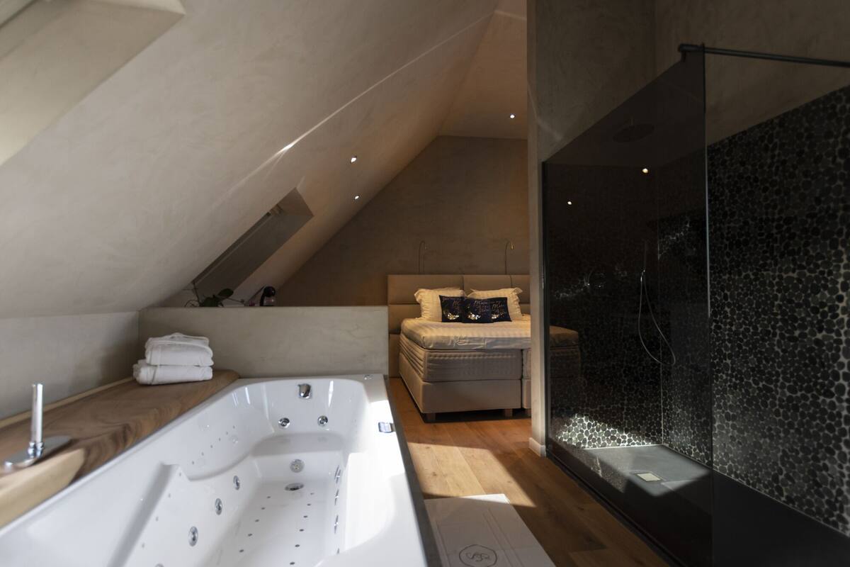 Une salle de bain moderne avec une baignoire sur pieds, un espace douche et un lit doté d’une tête de lit.