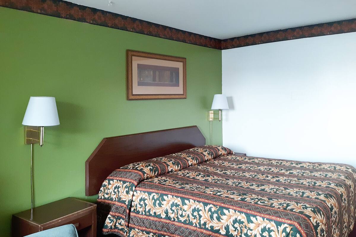 Une chambre d’hôtel avec un grand lit, deux lampes de chevet, un tableau encadré au mur et un mur de couleur verte.