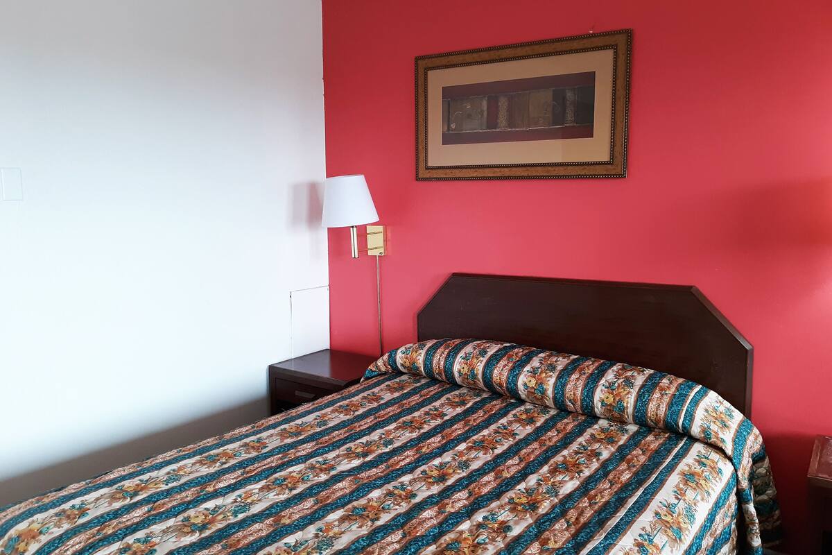 Un lit recouvert d’une couvre-lit à motifs floraux, une lampe de chevet et un tableau encadré accroché au mur.