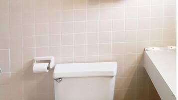 A bathroom with a toilet, a roll of toilet paper, and a stack of white towels on a wall.