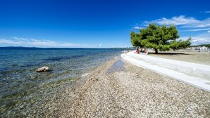 En strand med småsten, klart vand, et træ og en hvid sti af beton.