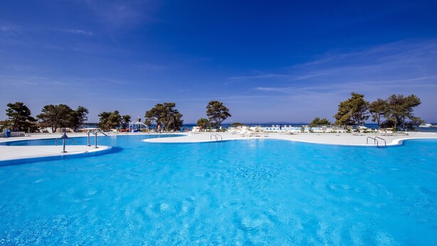 En stor, klarblå swimmingpool med en hvid terrassedæk, omgivet af træer og en klar himmel.