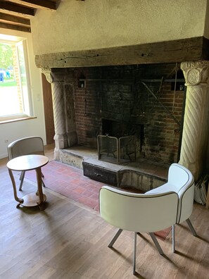 Fireplace, table football, ping pong