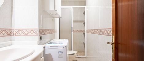 Shower, hair dryer, towels