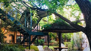 A covered outdoor seating area with Adirondack chairs, a wooden table, and a thatched roof structure. - Los Espinillos Hotel & Spa (Villa Carlos Paz)