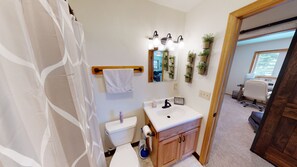 Combined shower/bathtub, hair dryer, towels, soap