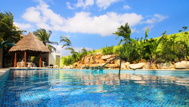 A clear blue pool with a thatched-roof hut and palm trees in the background. - Les Alizes near Beach (Playa del Carmen)