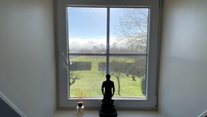 Ein Fenster mit Blick auf ein grasbewachsenes Feld und Bäume, eine kleine Statue und eine Flasche mit Schilferdiffusor auf der Fensterbank.