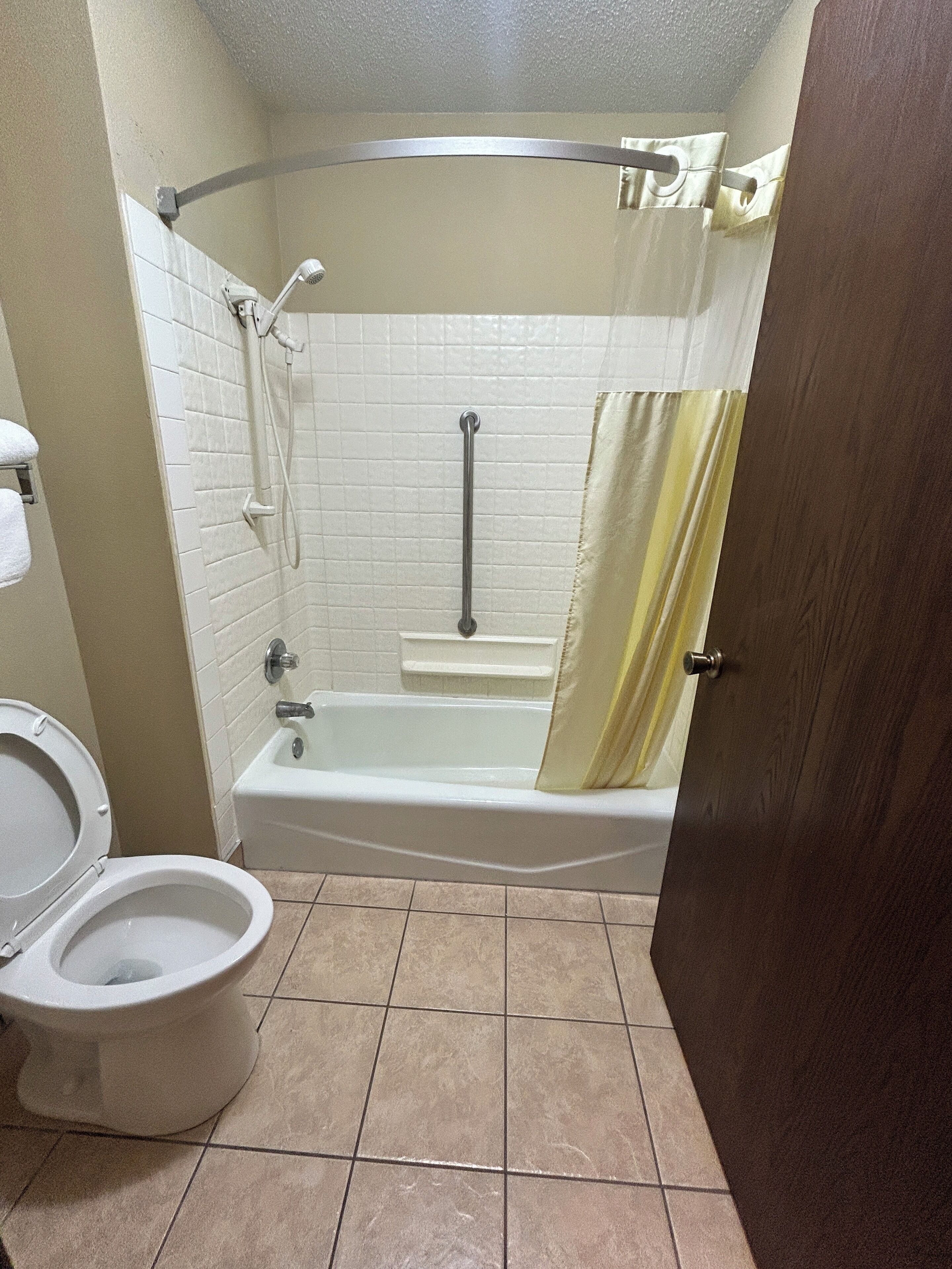 Een badkamer met een toilet, een douche met gordijn en een bad.