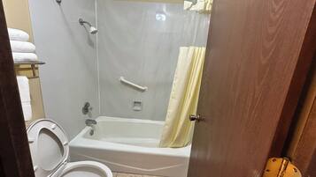 A bathroom with a shower, toilet, and bathtub.