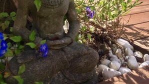 A stone statue of a seated figure surrounded by greenery and flowers.
