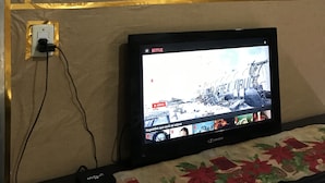 A wall with a lion picture and a Netflix screen. - Diamond Hostel (Ouro Preto)