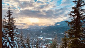 Ein weiter Panoramablick auf eine Berglandschaft mit schneebedeckten Bäumen und einem weit entfernten Dorf.