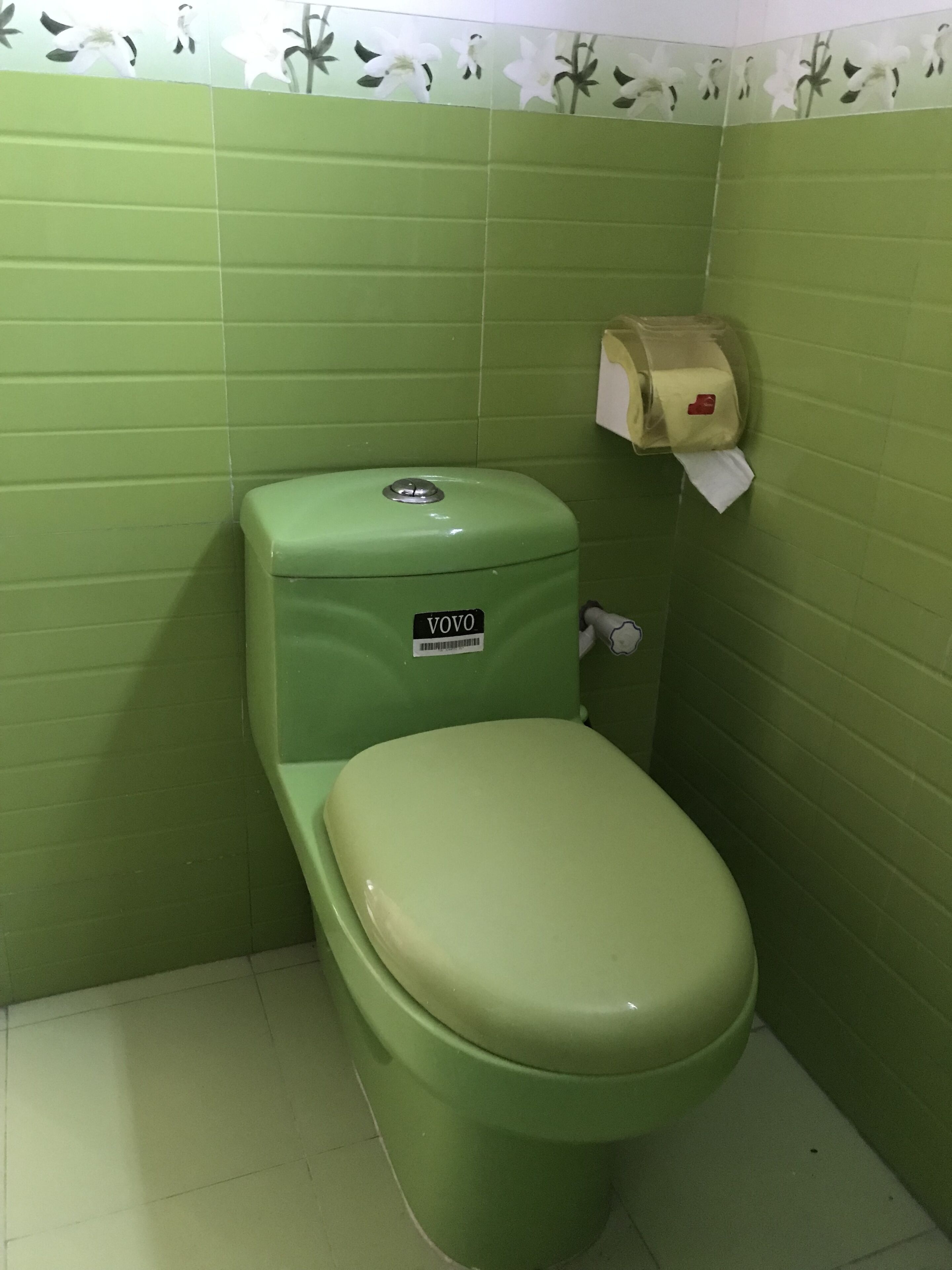 Des toilettes vertes avec une étiquette « Vovo », un distributeur de mouchoirs et un rouleau de papier toilette.