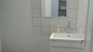 Combined shower/bathtub, hair dryer, towels, toilet paper