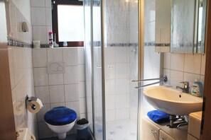 Shower, towels, soap, toilet paper