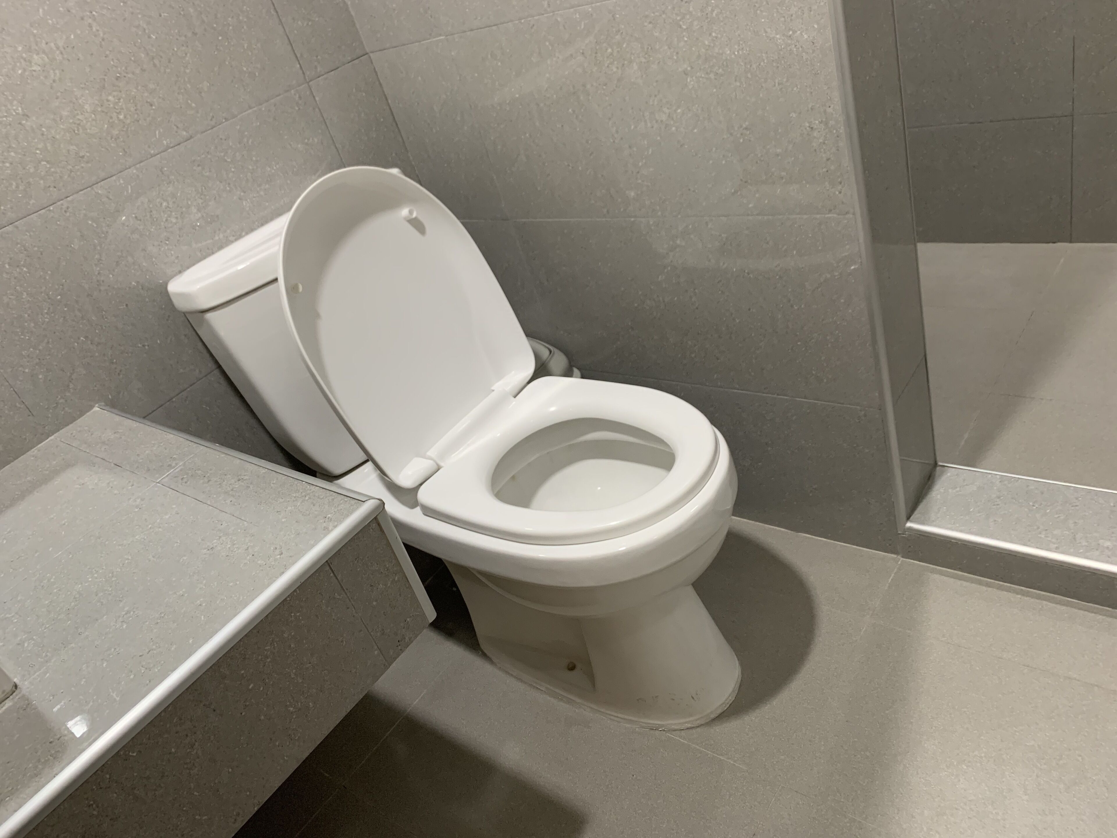 A white toilet in a bathroom with grey tiles.